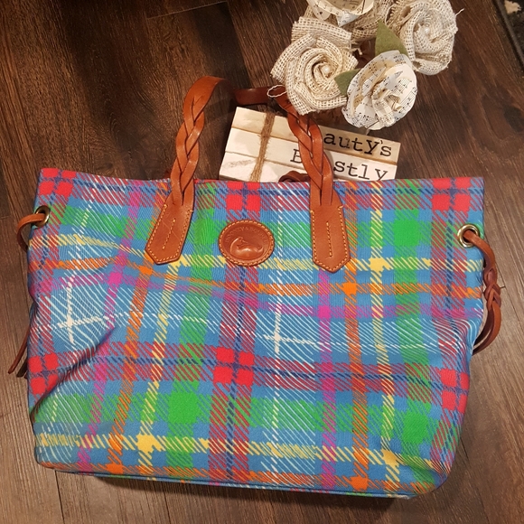 Dooney & Bourke Handbags - Dooney & Bourke Blue Plaid Braid Leather Strap Water Resistant Tote Bag Shopper